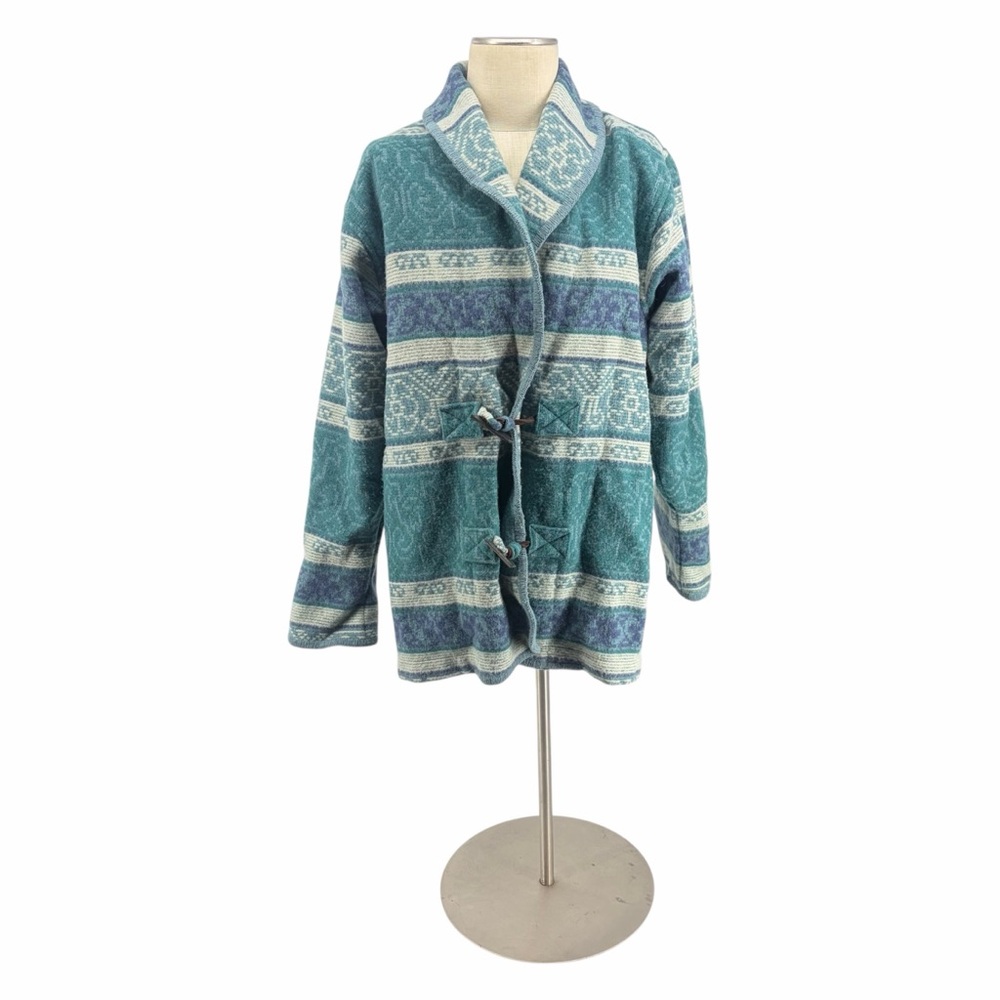 Eddie Bauer Wool Blend Toggle Coat Cardigan Teal Blue Nordic Pattern